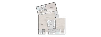 A floor plan of a house with a living room, dining room, kitchen, two bedrooms, a pantry, and a patio.