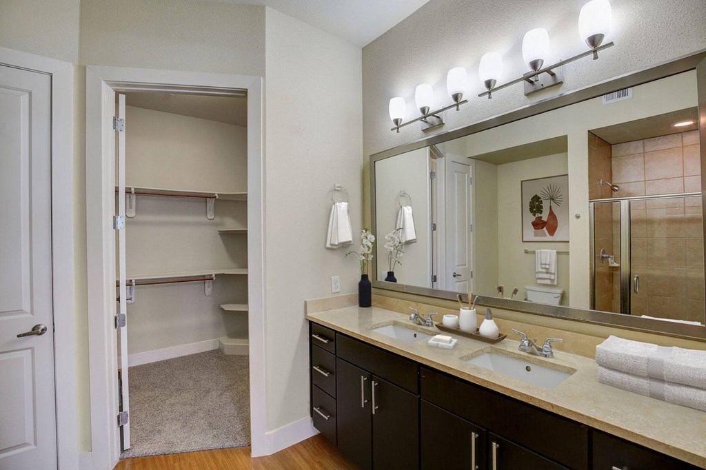 a bathroom with a large mirror and a sink