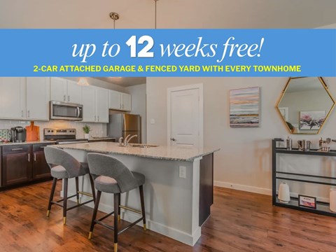 A kitchen with a bar and chairs is advertised as being free for up to 12 weeks.