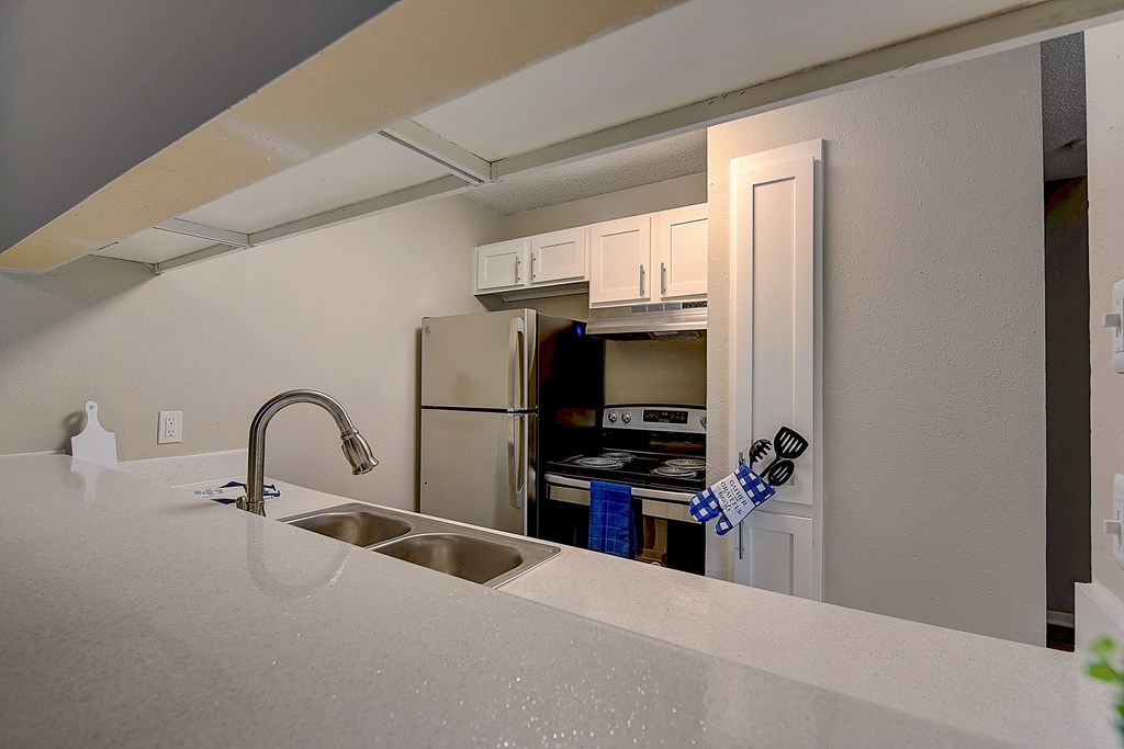 a kitchen with a sink and a refrigerator