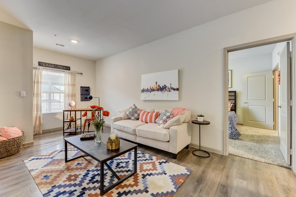 a living room with a couch and a coffee table and a rug