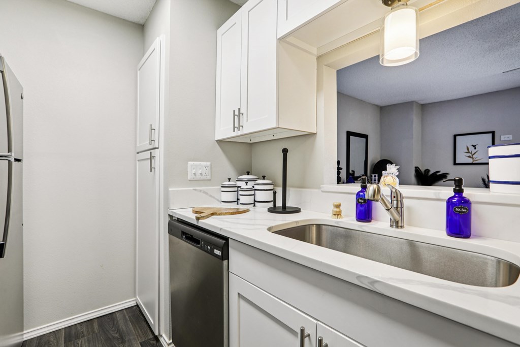 A kitchen with white cabinets and a stainless steel dishwasher.