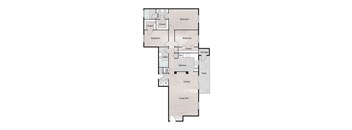 A floor plan of a house with a living room, dining room, kitchen, two bedrooms, two bathrooms, and storage.