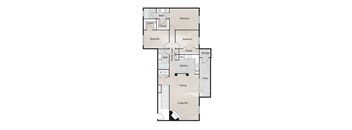 A floor plan of a house with a living room, two bedrooms, a bathroom, a kitchen, a dining area, and a patio.
