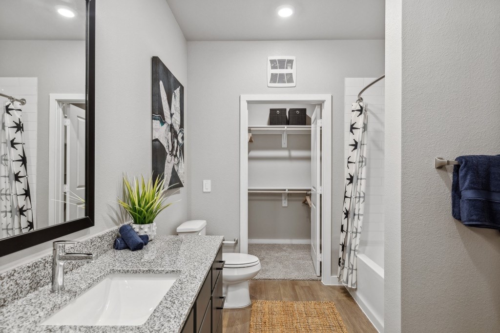 A bathroom with a sink, toilet, and a mirror.