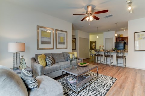 A living room with a grey couch and a coffee table.