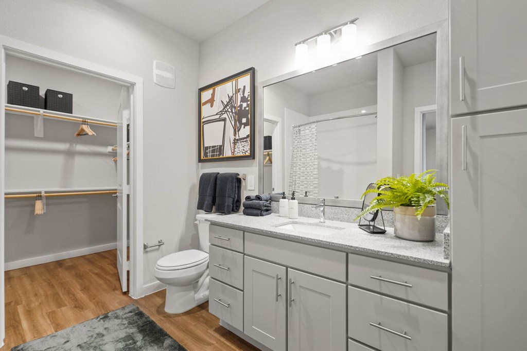 A bathroom with a toilet, sink, and a mirror.