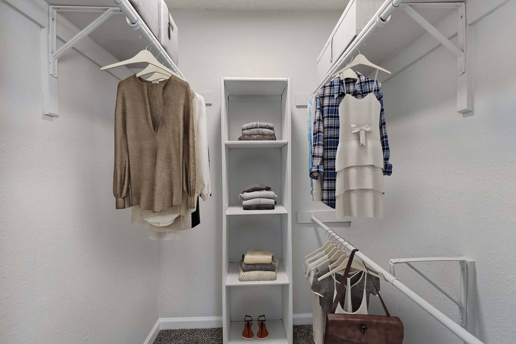 a walk in closet in a bedroom