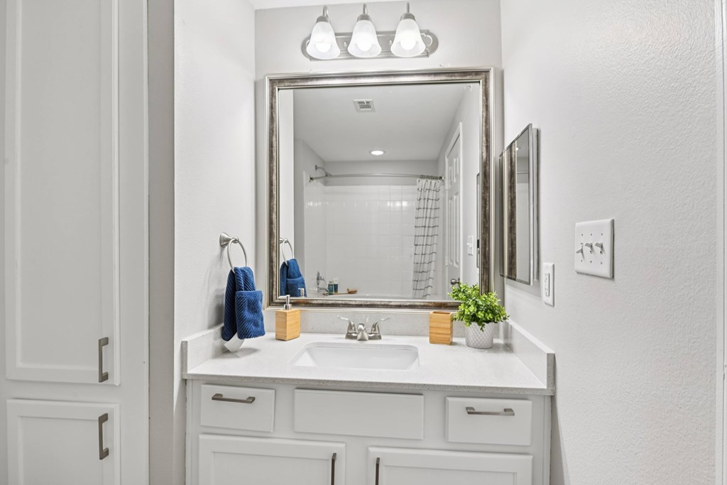 A bathroom with a white sink and a mirror above it.