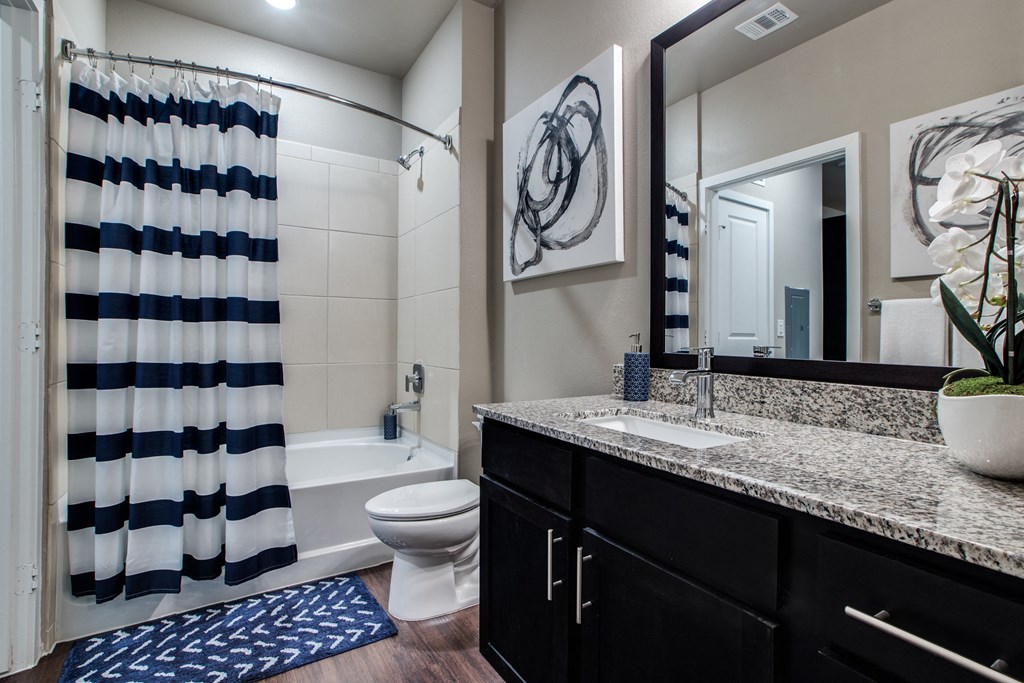 a bathroom with a black and white shower curtain