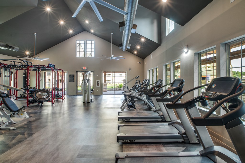 an image of a gym with cardio equipment and windows