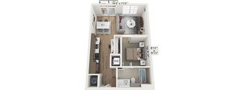 a stylized 3d floor plan with a bedroom and a living room