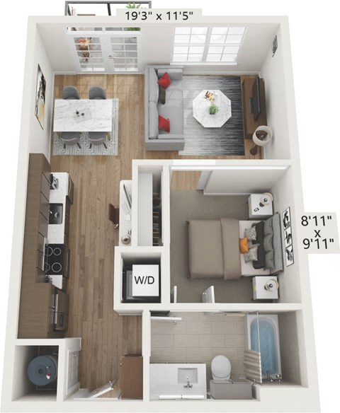 a stylized 3d floor plan with a bedroom and a living room