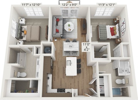 a 3d floor plan of a living room and a bedroom