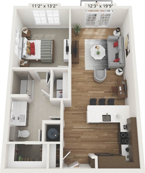 a 3d rendering of the living room and kitchen of a 1 bedroom apartment