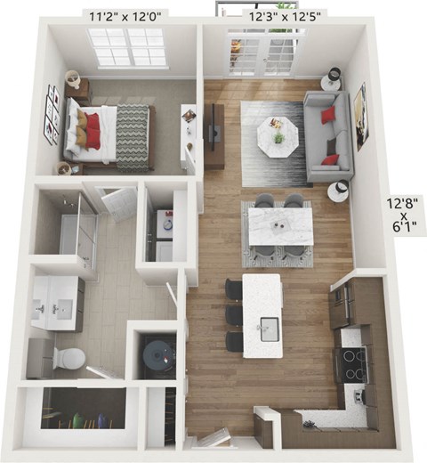 a 3d floor plan of a living room with a bedroom