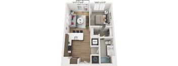 a stylized floor plan with a bedroom and a living room