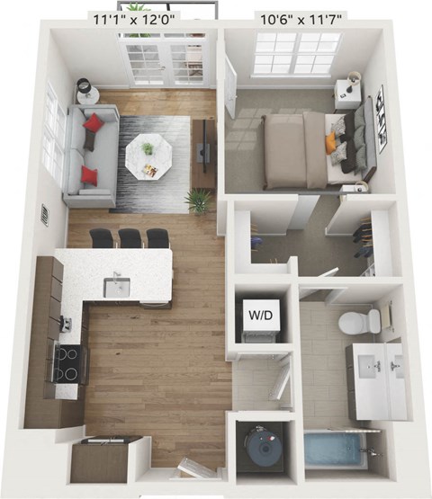 a stylized floor plan with a bedroom and a living room