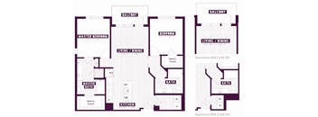 Two floor plans for an apartment, one with a master bedroom and the other with a living/dining room.