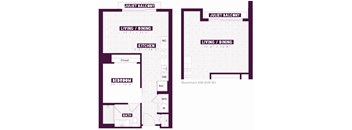 A floor plan of a Juliet Balcony apartment with a living/dining area, kitchen, bedroom, bathroom, and closet.