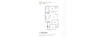 A floor plan for a three bedroom, two bathroom apartment.