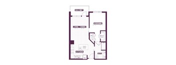 A floor plan of a hotel room with a kitchen, living area, and bathroom.