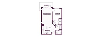 A floor plan of an apartment with a living room, dining room, kitchen, and bathroom.