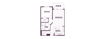 A floor plan of a house with a bedroom, living room, kitchen, and bathroom.