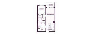 A floor plan of a building with a living and dining area, kitchen, bathroom, and laundry room.