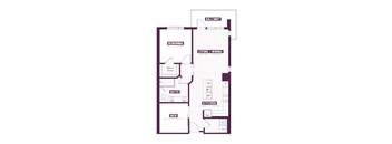 A floor plan of an apartment with a living room, dining room, kitchen, and bathroom.