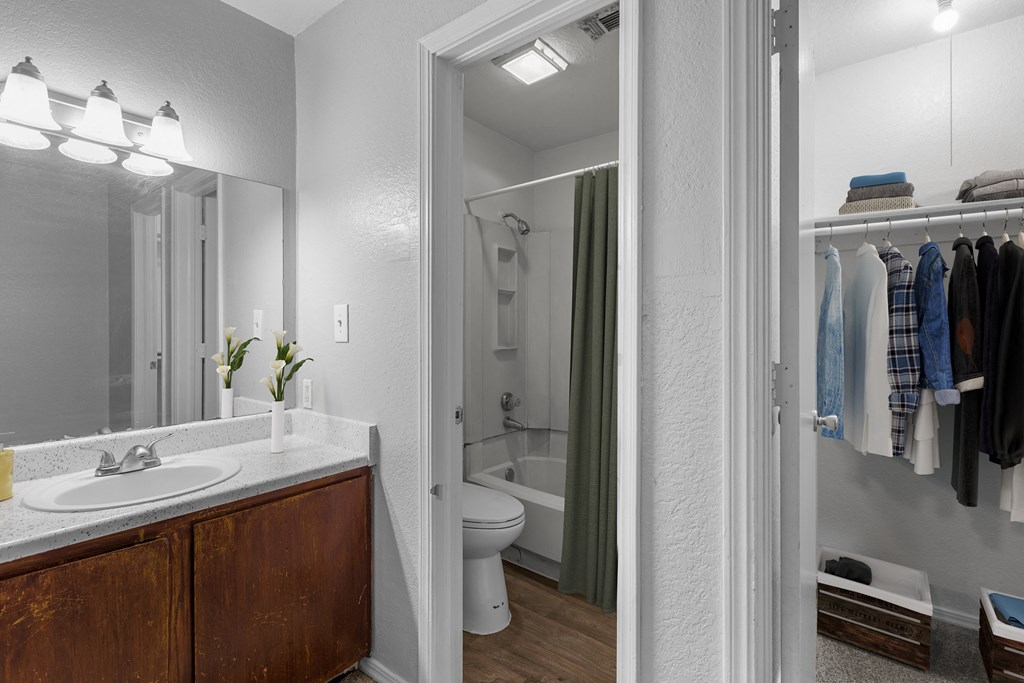 a bathroom with a shower and a sink and a mirror