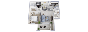 A 3D floor plan of a small apartment with a living room, kitchen, and bedroom.