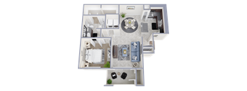 A 3D floor plan of a house with a living room, kitchen, dining area, and two bedrooms.