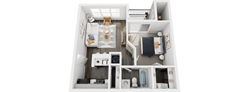 A top-down view of a small apartment with a kitchen, living room, and bathroom.