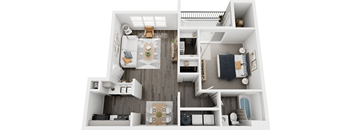 A top-down view of a small, well-organized apartment with a kitchen, living room, and bedroom.