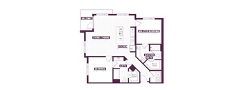 A floor plan of a house with a balcony, living room, kitchen, two bathrooms, and a master bedroom.