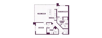 A floor plan of a house with a living and dining area, kitchen, and two bedrooms.