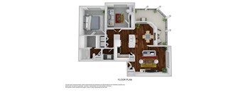 a stylized floor plan with a bedroom and a living room