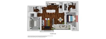 a stylized floor plan of a room with a wood floor