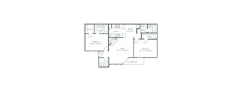 A black and white floor plan of a house with two bedrooms, a living area, a kitchen, a dining area, and two bathrooms.