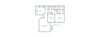 A black and white floor plan of a house with a living room, dining room, kitchen, and two bedrooms.