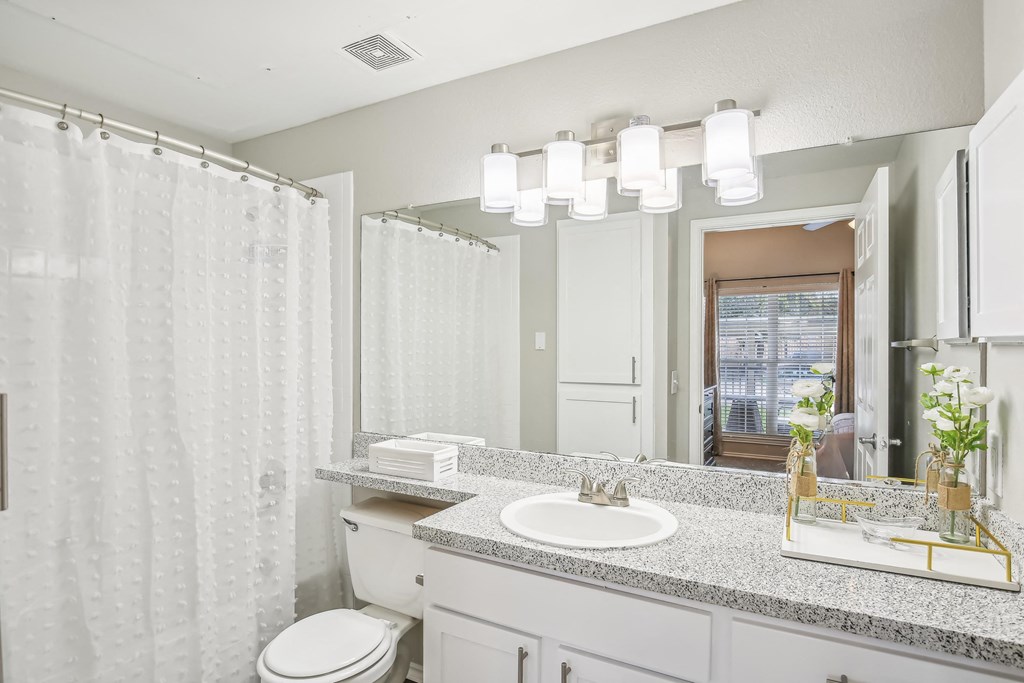 A bathroom with a white toilet, sink, and shower curtain.