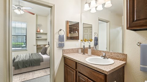 A bathroom with a bedroom view through the window.