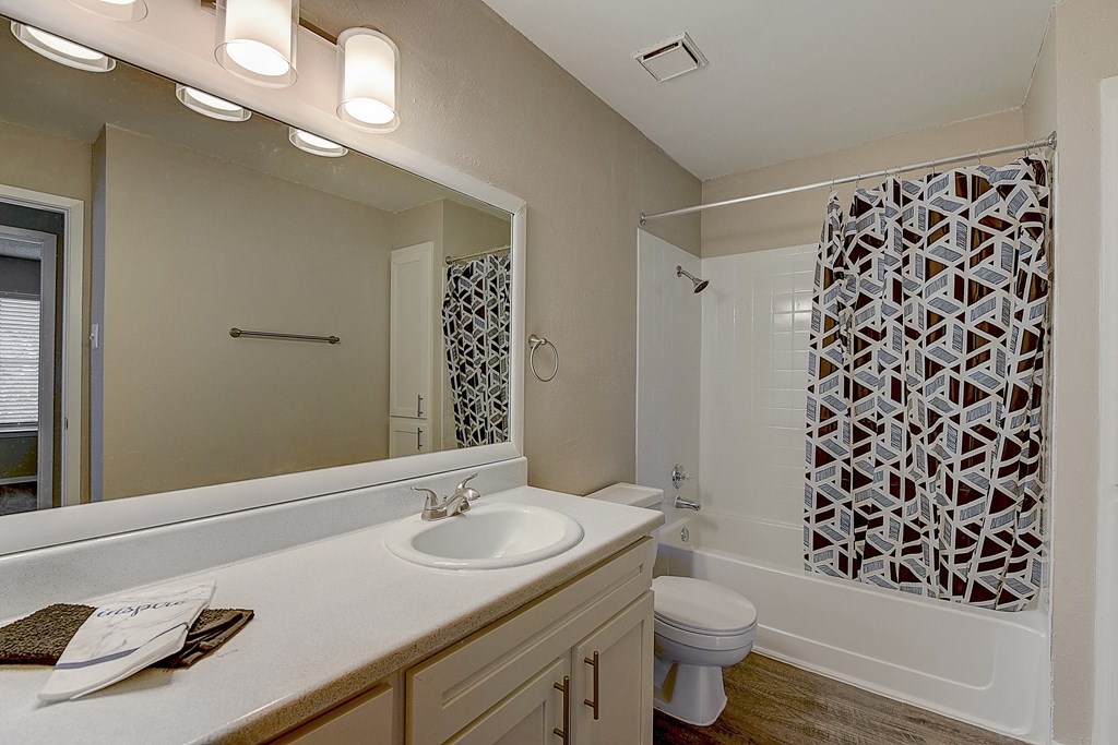 a bathroom with a sink and a shower and a toilet