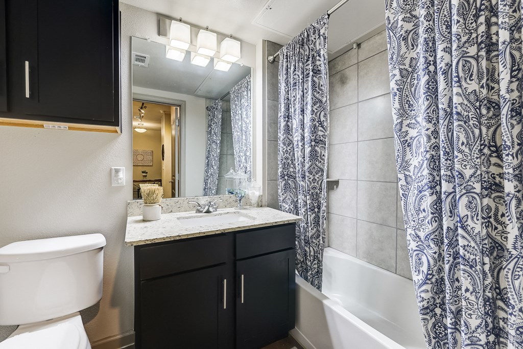 a bathroom with a blue and white shower curtain