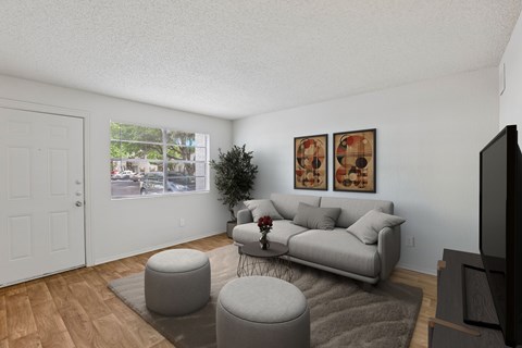 A living room with a grey couch, ottoman, and a television.