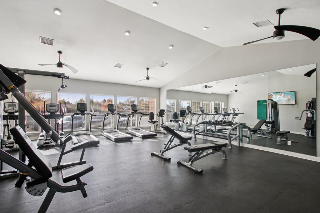 A spacious gym with a variety of equipment including treadmills, weights, and a fan.