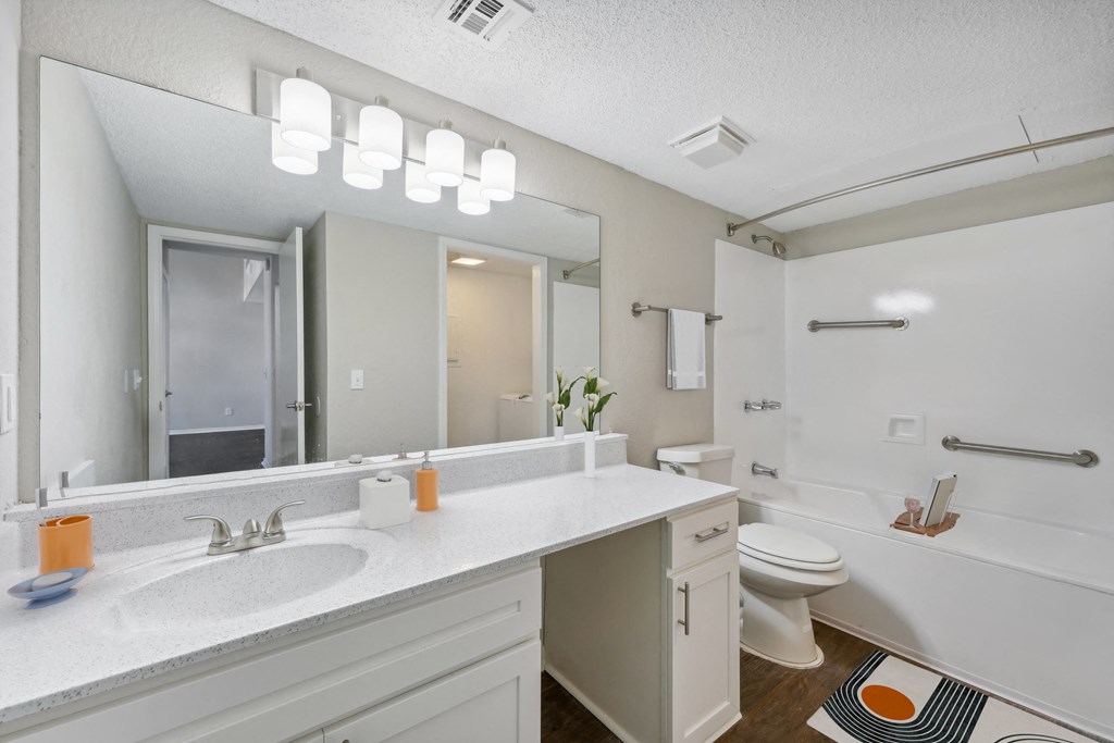 a bathroom with a large mirror and a sink and a toilet