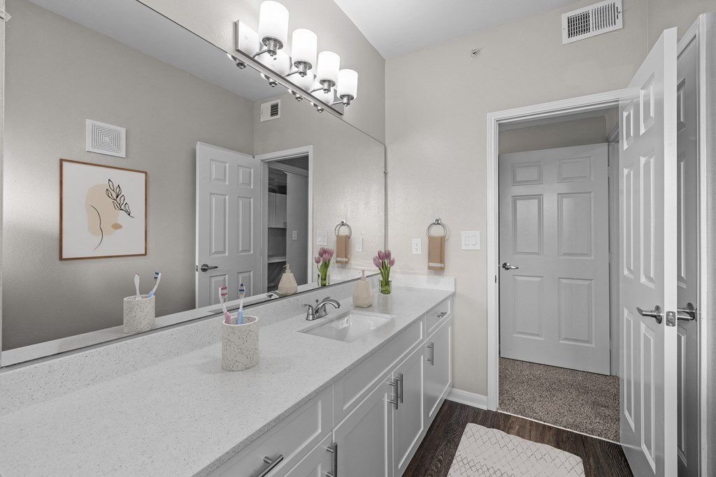 a bathroom with a large mirror and a white counter top