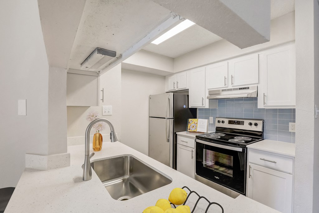 a kitchen with white cabinets and stainless steel appliances and a sink